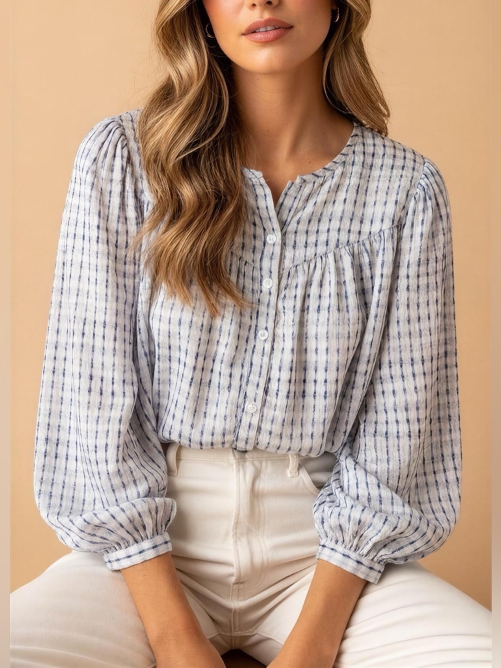 Joe Fresh Blue & White Plaid Pintuck Blouse - Long Sleeve Boho Top Size Large